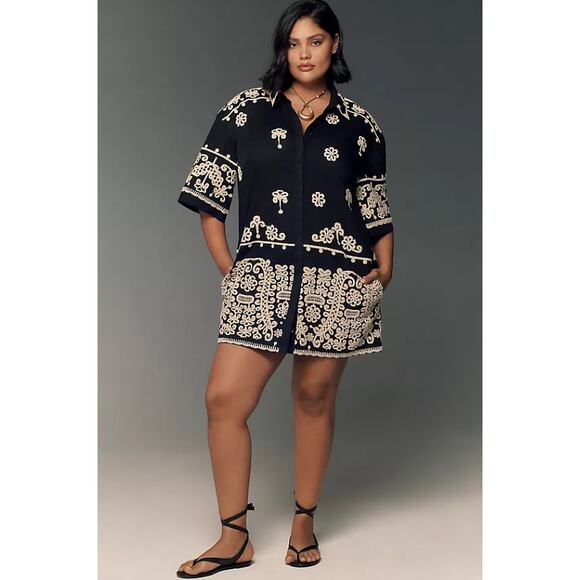 MAEVE Short Sleeve Collared Mini Shirt Dress Black Embroidered Casual Women's XS - Picture 2 of 15